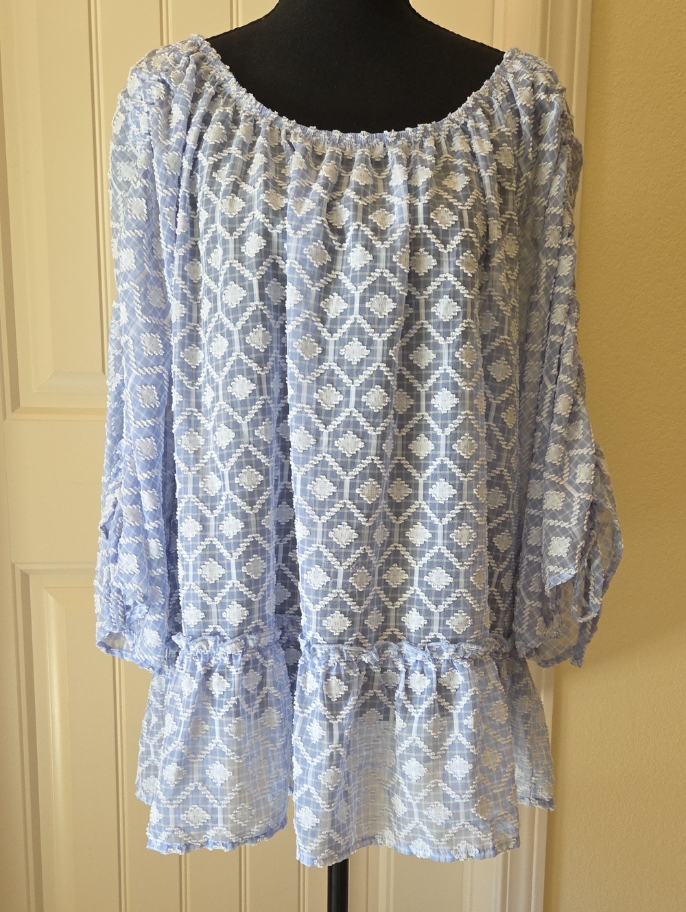 Democracy Flounce Hem, Drawstring Sleeve, Semi-Sheer Blouse | Size XL | Blue